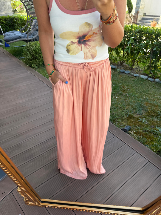 Beli Lastikli , Somon Rengi , Saten Pantolon