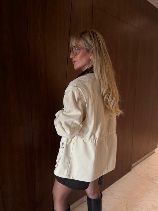 Orijinal Model Taş İşlemeli Deri Yakalı Premium Gabardin Ceket