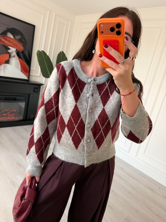 Bordo & Gri Baklava Desenli , Triko Hırka