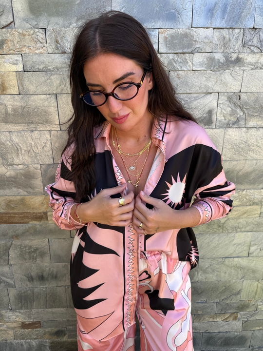 Orijinal Model , Beli Lastikli , Pantolon & Gömlek , Desenli , Pembe Saten Takım