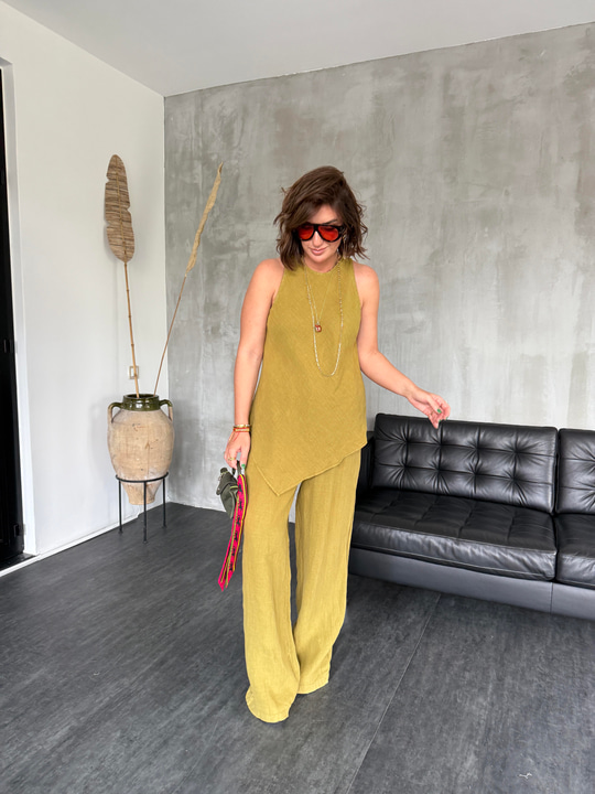 %100 Cotton , Yağ Yeşili , Premium , Keten Takım