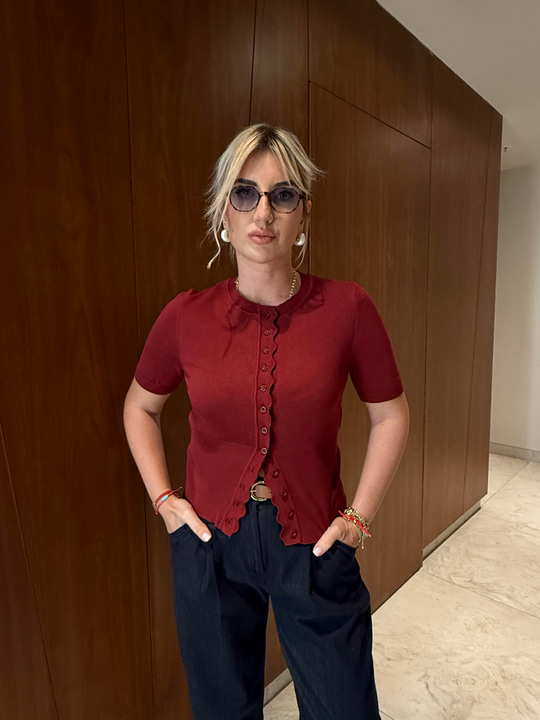 Kısa Kollu , Bisiklet Yaka , Dalga Efektli , Bordo Triko Hırka