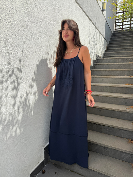 Önü Örgü Çiçekli , Lacivert , Askılı Elbise