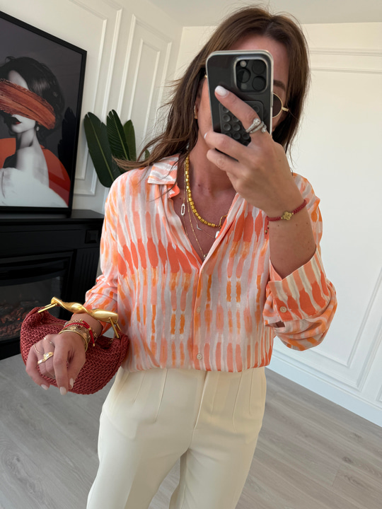 V Yaka , Oranj & Bej , Batik Desenli Gömlek