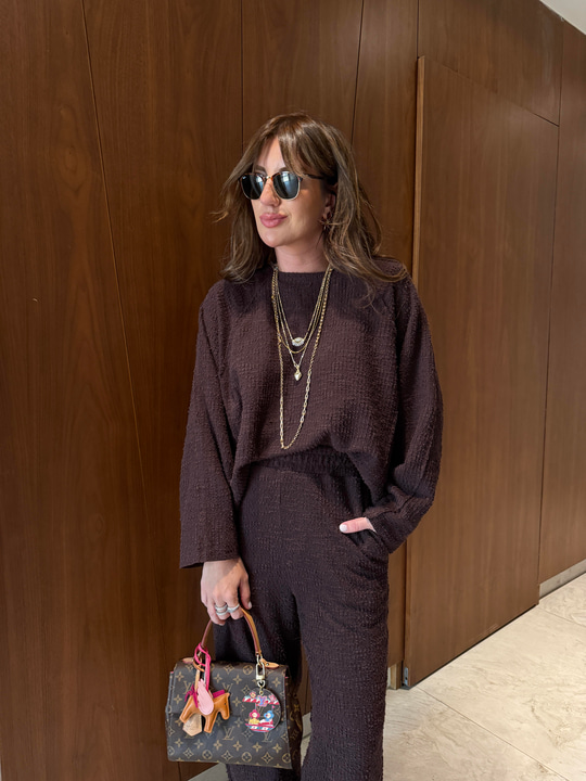 Dokulu Sweat & Pantolon , Acı Kahve Takım
