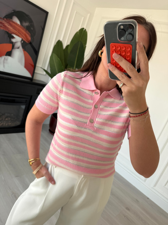 Pembe & Ekru Çizgili , Polo Yaka , Merserize