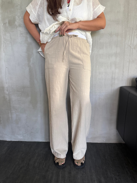 Beli Lastikli , %100 Cotton , Bej Pantolon