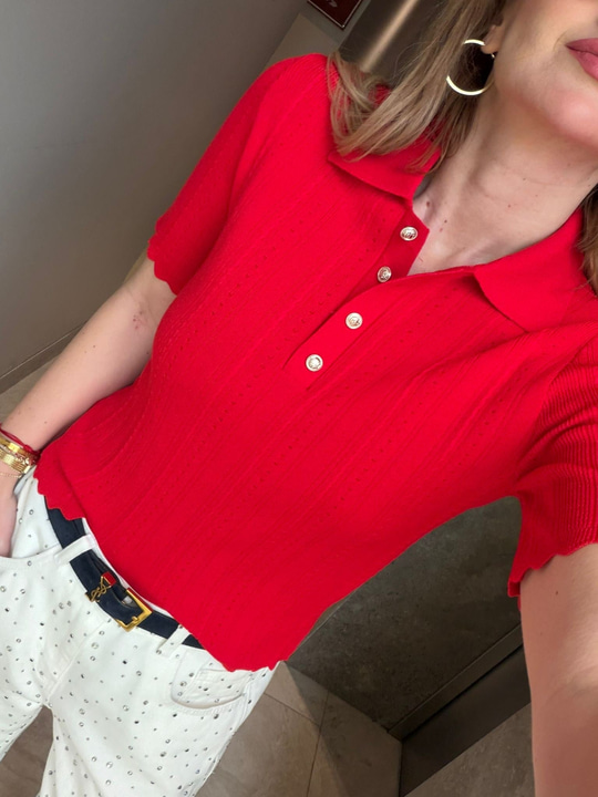 Polo Yaka , Gold Düğmeli , Kırmızı , Saç Örgü Triko