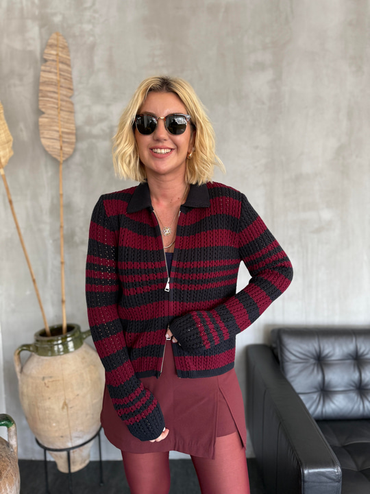 Bordo & Lacivert Çizgili , Ajurlu , Çift Fermuarlı Triko