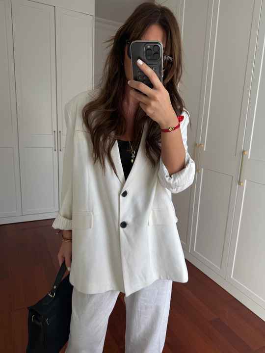 Oversize , Premium , Beyaz Keten Ceket
