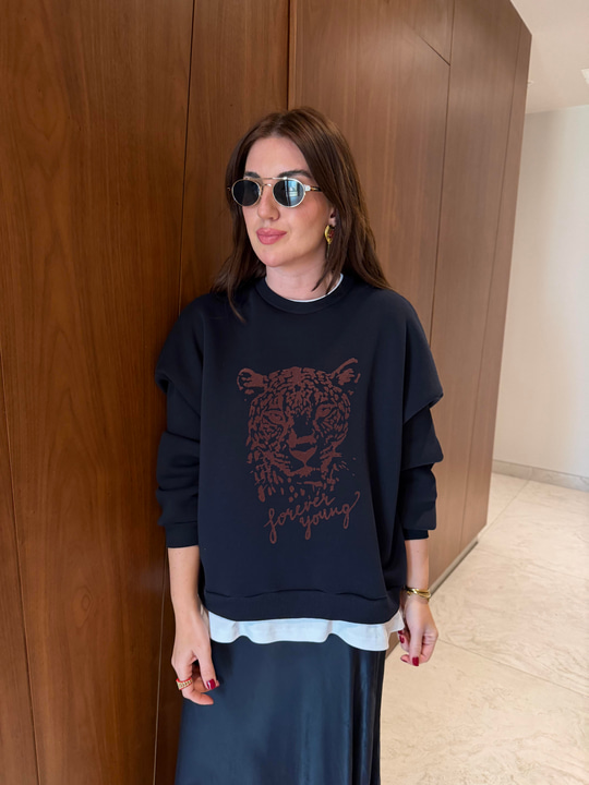 T-shirt Detaylı , Leopar Desenli , Lacivert Sweatshirt