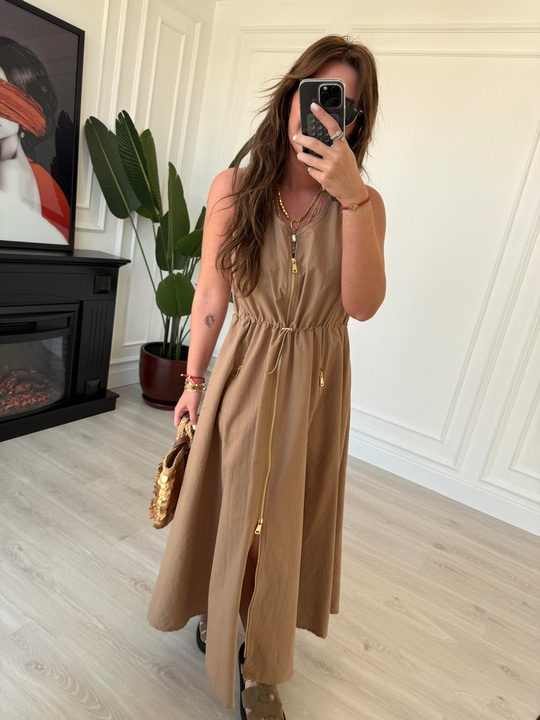 Orijinal Model , Önden Fermuarlı , Beli Ayarlamalı , Camel Elbise