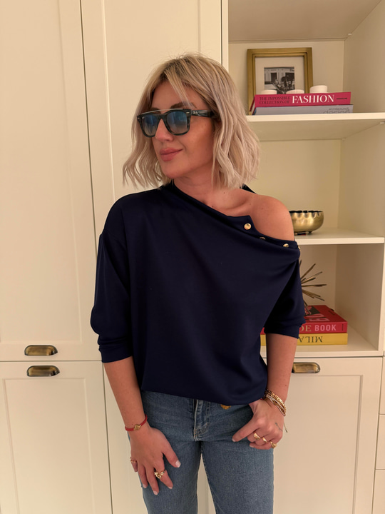 Orijinal Marka Omzu Gold Düğmeli Lacivert Modal Bluz