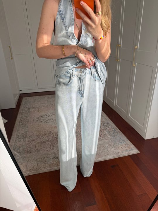 Orijinal Model , V Yaka , Premium , Buz Mavisi Tencel Jean Takım