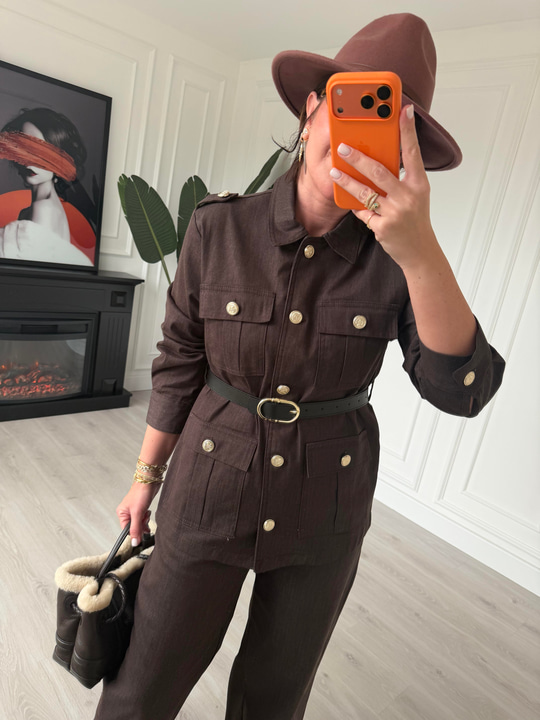 Düğme Detaylı, Kemerli Acıkahve Ceket & Pantalon Takım