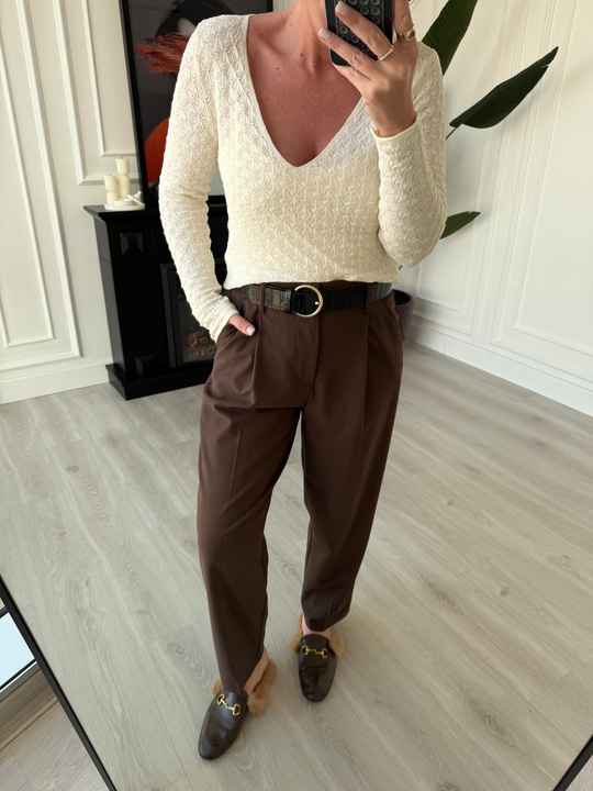 Premium Likralı Krep Kumaş , Kemerli Acı Kahve Pantolon