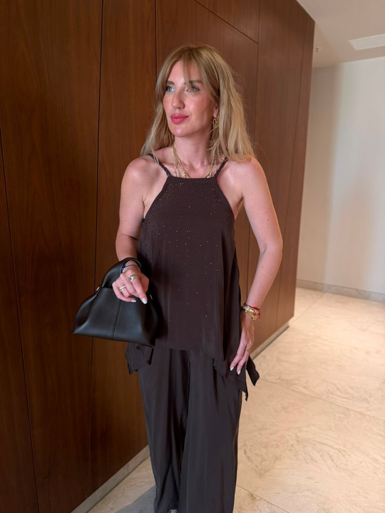 Premium Tencel , Acıkahve Taşlı Tulum 