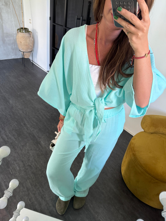 %100 Coton , Mint Yeşili , Önden Bağlamalı , Beli Lastikli , Müslim Takım