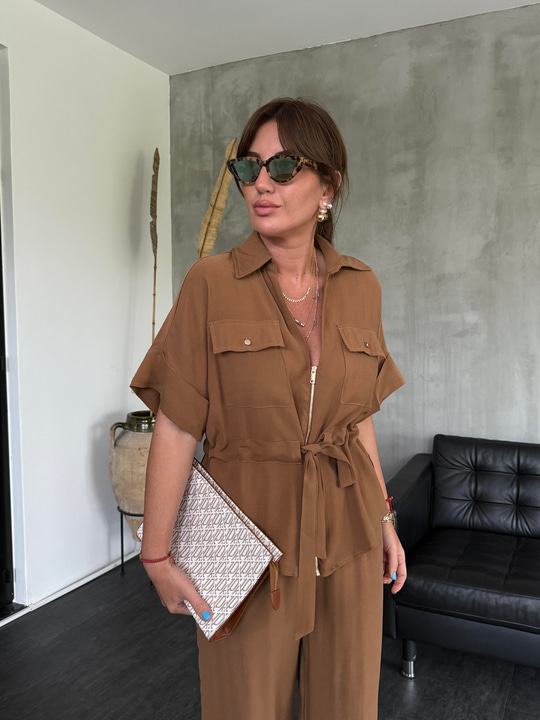 Camel Tencel Ceket & Beli Lastikli Pantolon Takım