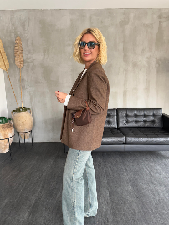 Premium Kalitede , Dokulu , Kahverengi Blazer Ceket