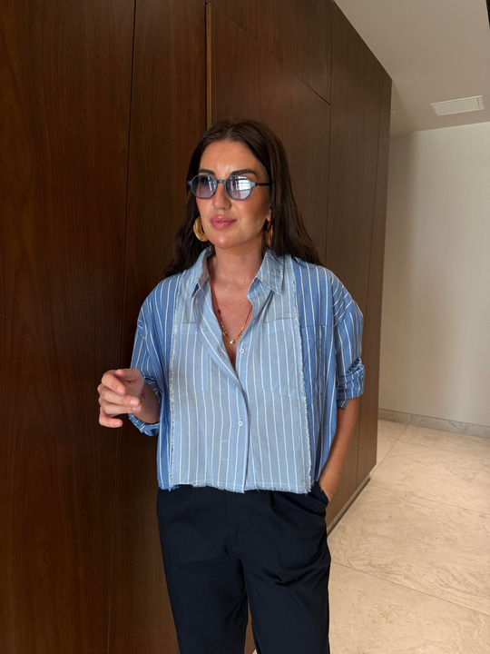 Mavi Çizgili , Cotton Poplin Gömlek