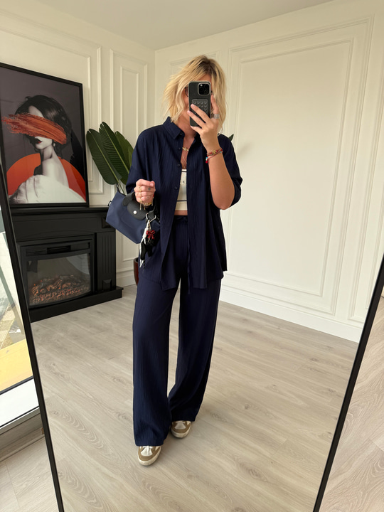 Lacivert Premium Palazzo & Gömlek Takım