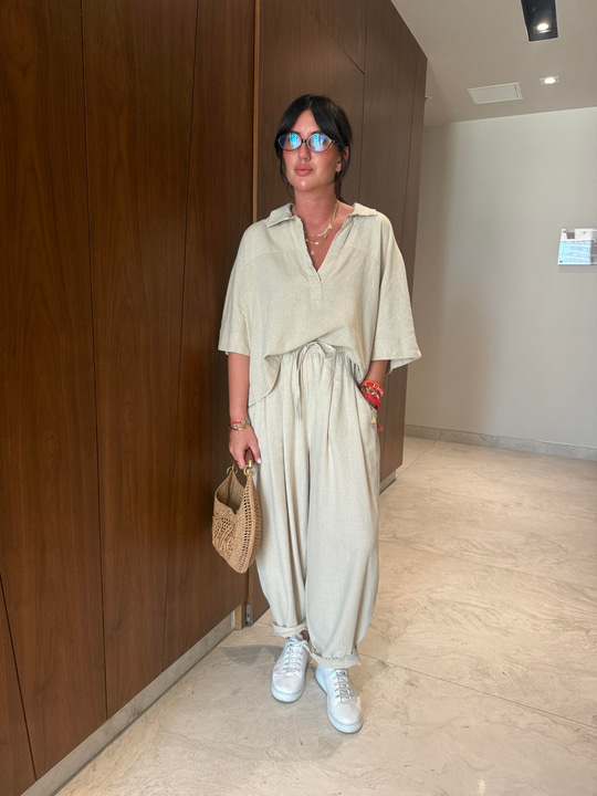 Beli Lastikli , V Yaka , Tencel Keten , Bej Takım