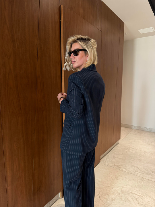 Lacivert , Çizgili , Metal Broşlu , Premium Blazer Ceket 