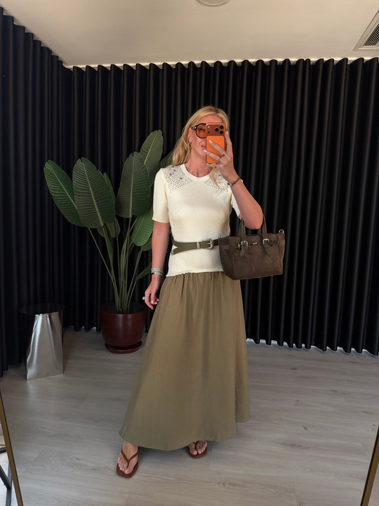 Orijinal Model, Kemerli, Taşlı Triko & Tencel Mix Elbise