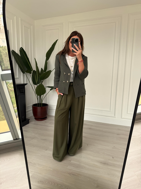 Premium , Arka Beli Lastikli , Haki Tencel Palazzo
