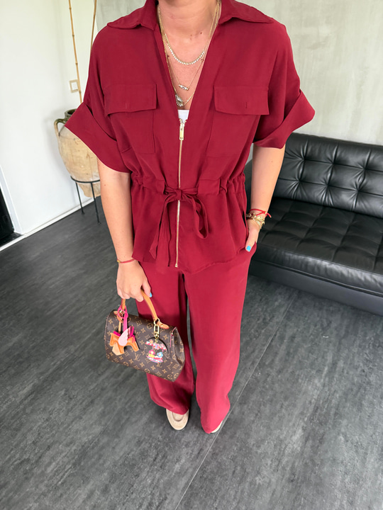 Bordo Tencel Ceket & Beli Lastikli Pantolon Takım