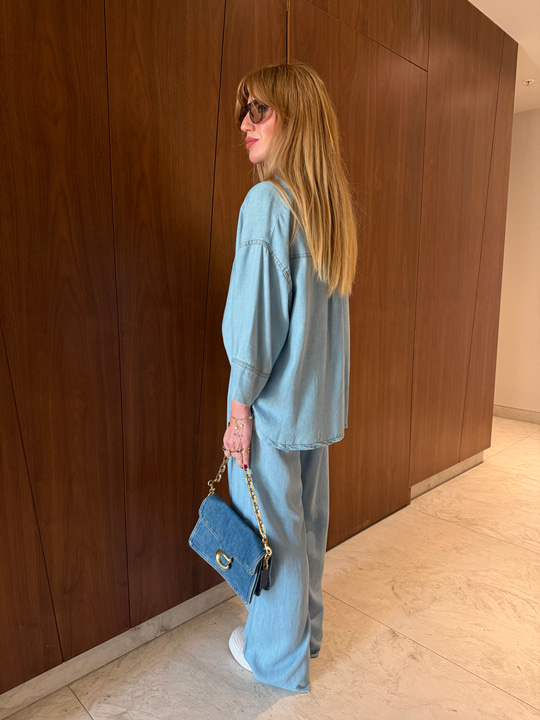 %100 Tencel Buz Mavisi Gömlek Pantalon Takım