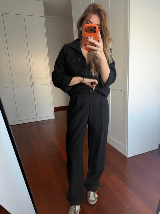 Orijinal Model , Beyaz Dikiş Detaylı , Tok Tencel , Siyah Takım