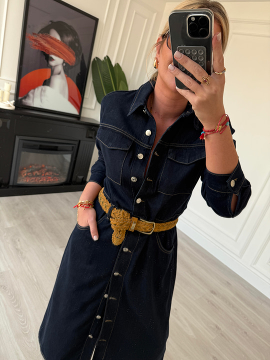 Premium Tencel Jean, Kuşaklı Gömlek Elbise
