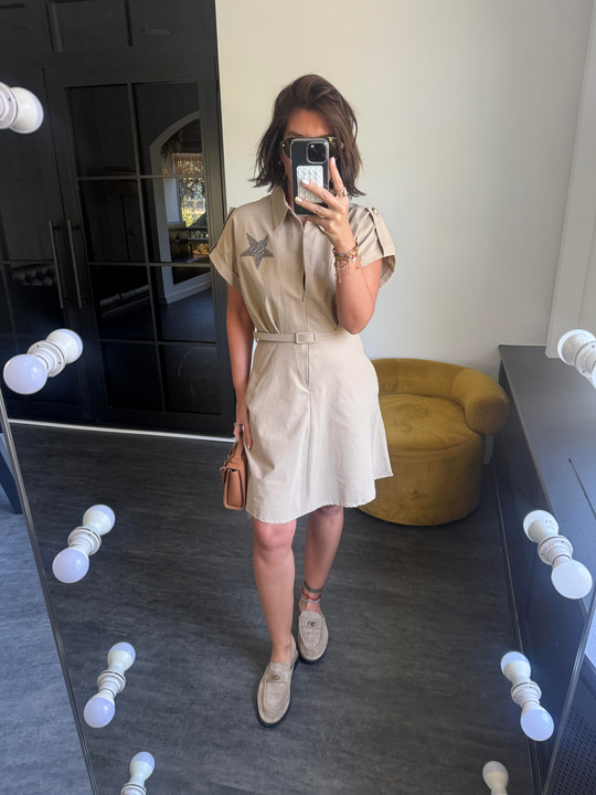 Orijinal Model, Kemerli Yıldız Detaylı Camel Gömlek Elbise