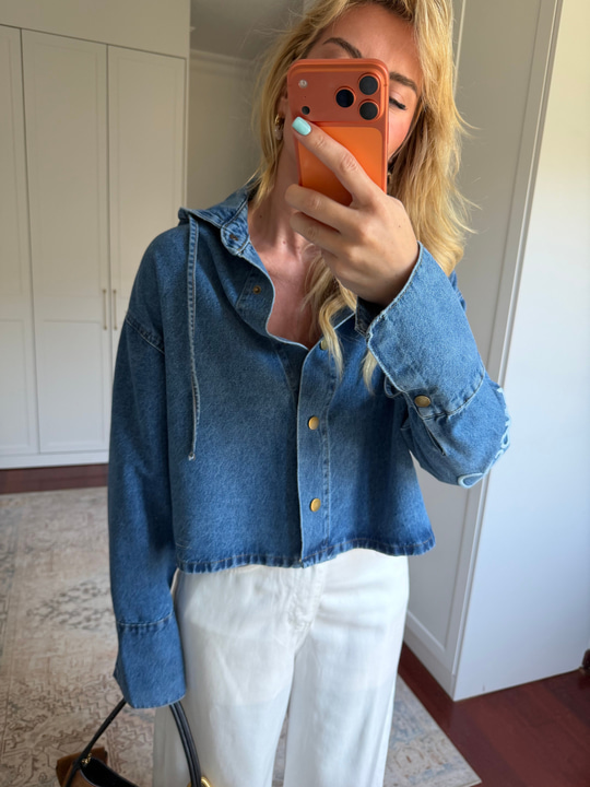 Mavi, Orijinal Model Kolu Nakış İşlemeli , Kapüşonlu , Premium Jean Ceket