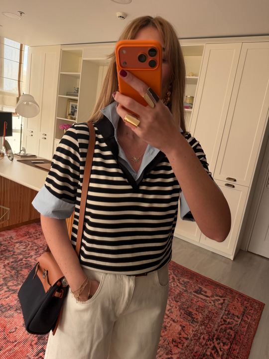 Lacivert Çizgili, Poplin Detaylı Polo Yaka Modal Bluz