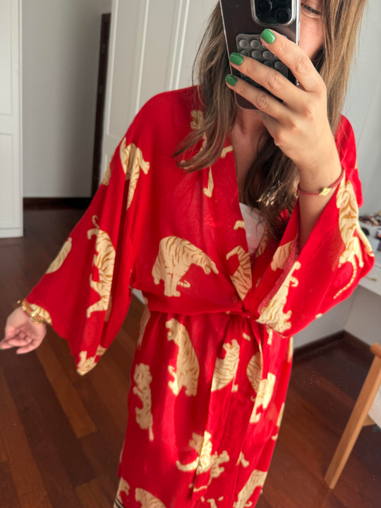 %100 Pamuk , Kaplan Desenli , Kırmızı Kimono