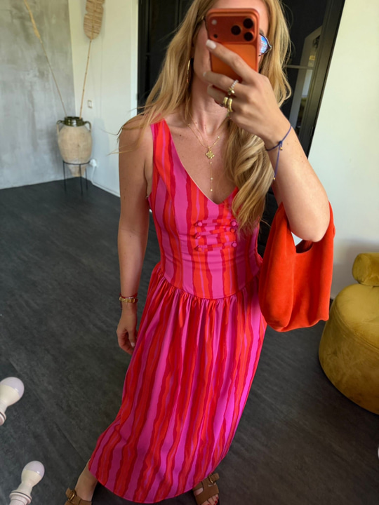 Orijinal Model , Önü Düğmeli , Turuncu & Pembe Çizgili Elbise