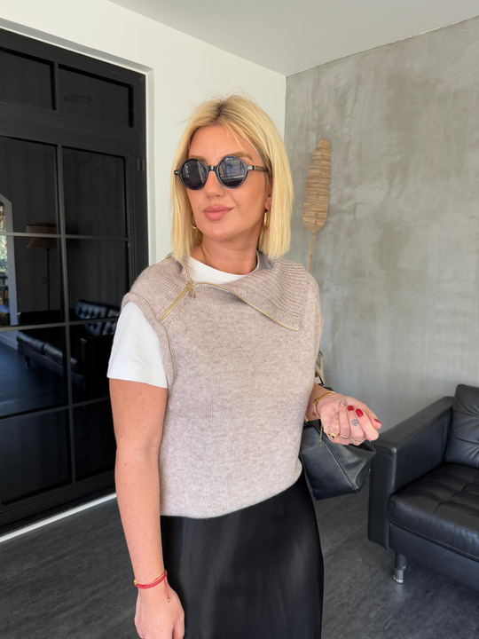 Yandan Fermuarlı , Bej Triko Süveter