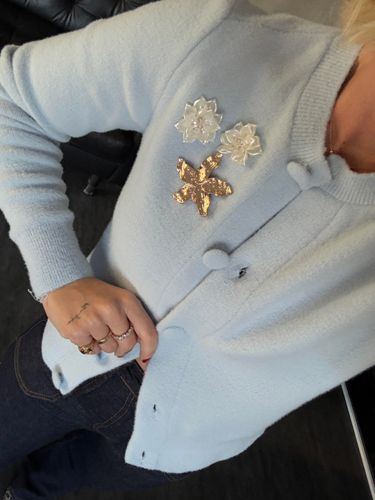 Broşlu , Bebe Mavisi , Premium Triko Hırka