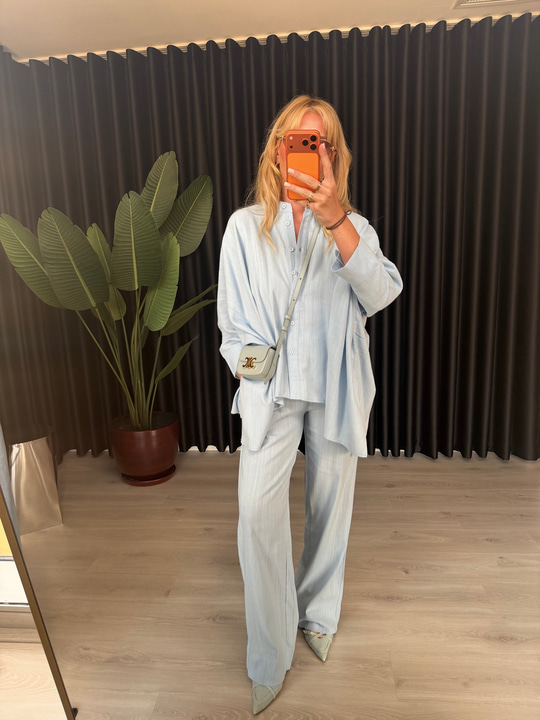 %100 Cotton Önden Düğmeli Gömlek, Beli Lastikli Pantalon Takım