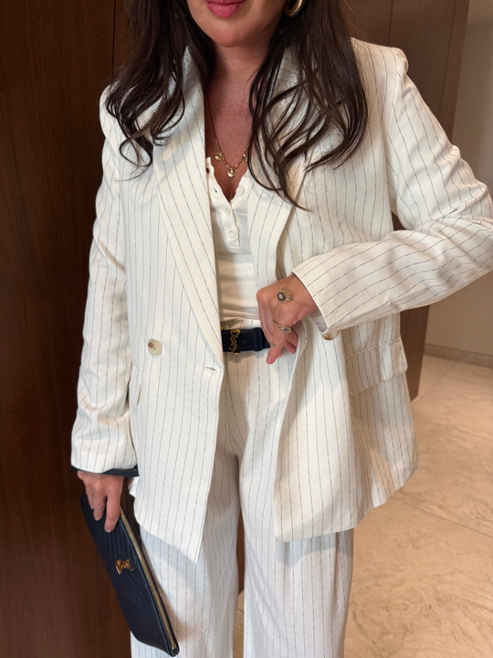 %100 Keten , Lacivert Çizgili , Blazer & Pantolon Takım