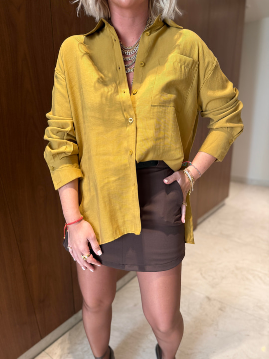 Orijinal Marka , Hardal , Tok Tencel , Yanı Yırtmaçlı Gömlek
