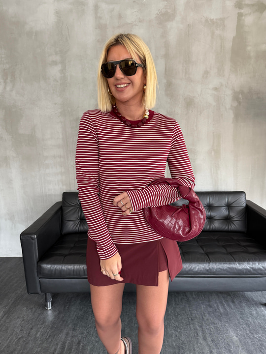 %100 Pamuk , Çizgili , Bordo Premium T-shirt