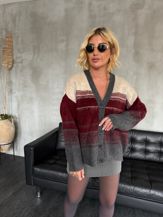 Bordo & Ekru Geçiş Çizgili , Yumuşacık Triko Hırka