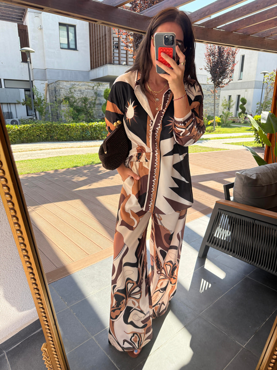 Orijinal Model , Beli Lastikli , Pantolon & Gömlek , Desenli , Acıkahve Saten Takım