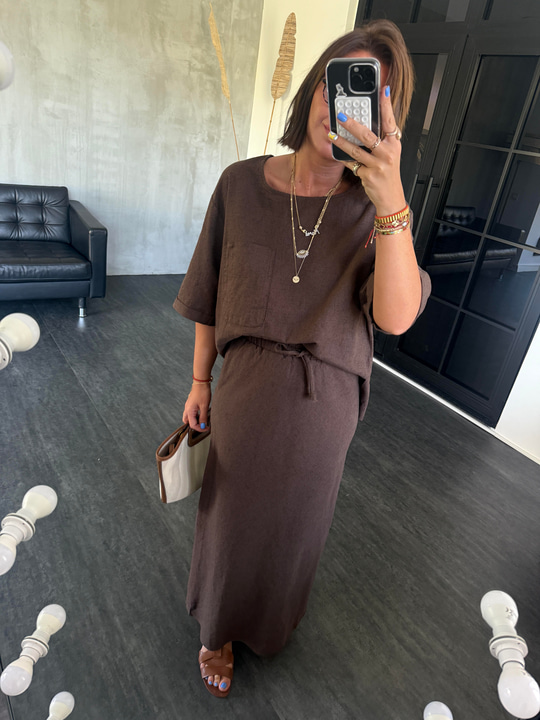 Orijinal Model, Acı Kahve Keten Etek & Bluz Takım