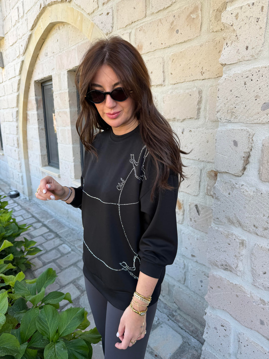 Orijinal Marka , Taş İşlemeli , Siyah Sweatshirt