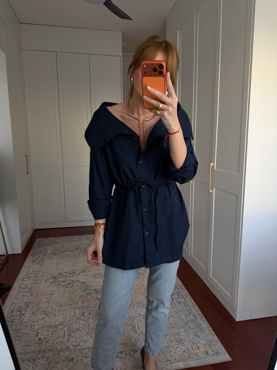 Kayık Yaka , Lacivert , Kuşaklı Poplin Gömlek